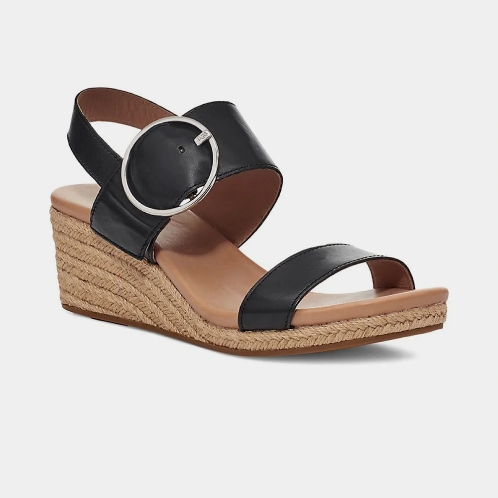 Sz38(7.5)⭐️NWT UGG Navee Black Leather Wedge Espadrille Sandals - Picture 7 of 10